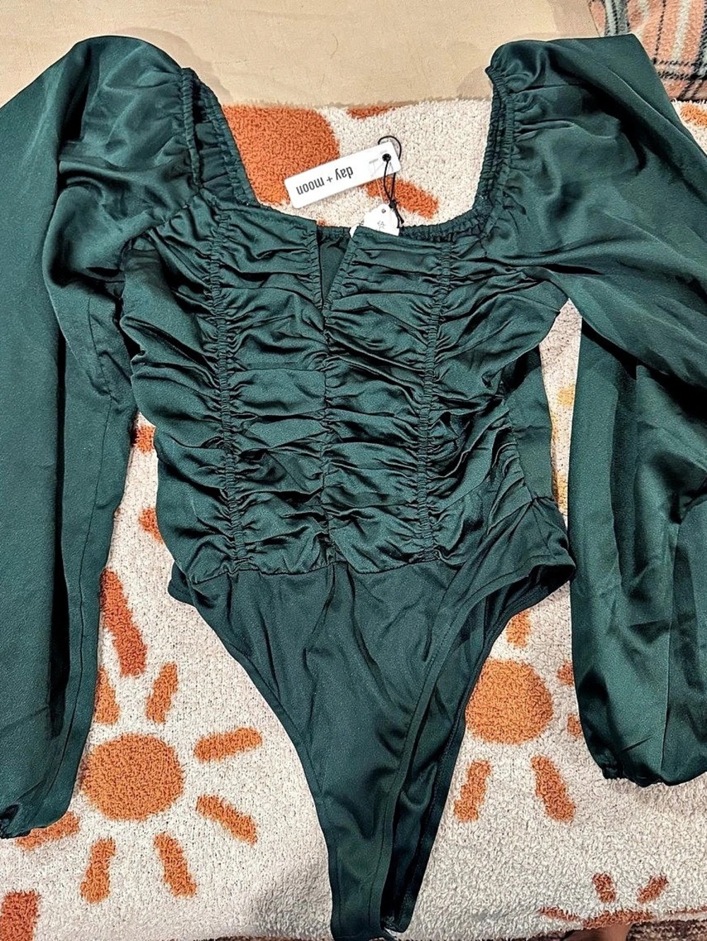 day + moon Green Ruched Long Sleeve Bodysuit